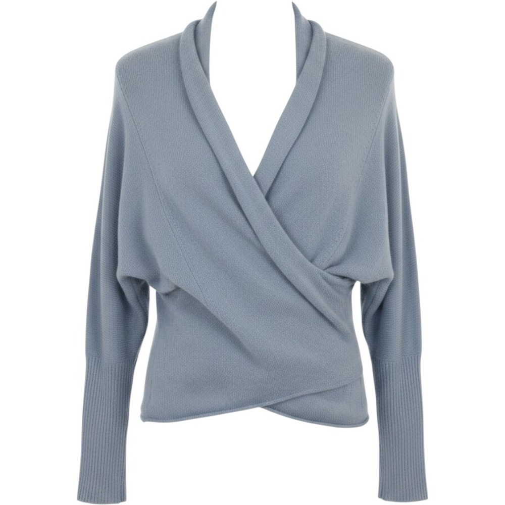 Margaret O'Leary 100% Cashmere Wrap Front Surplice Sweater Light Blue Small